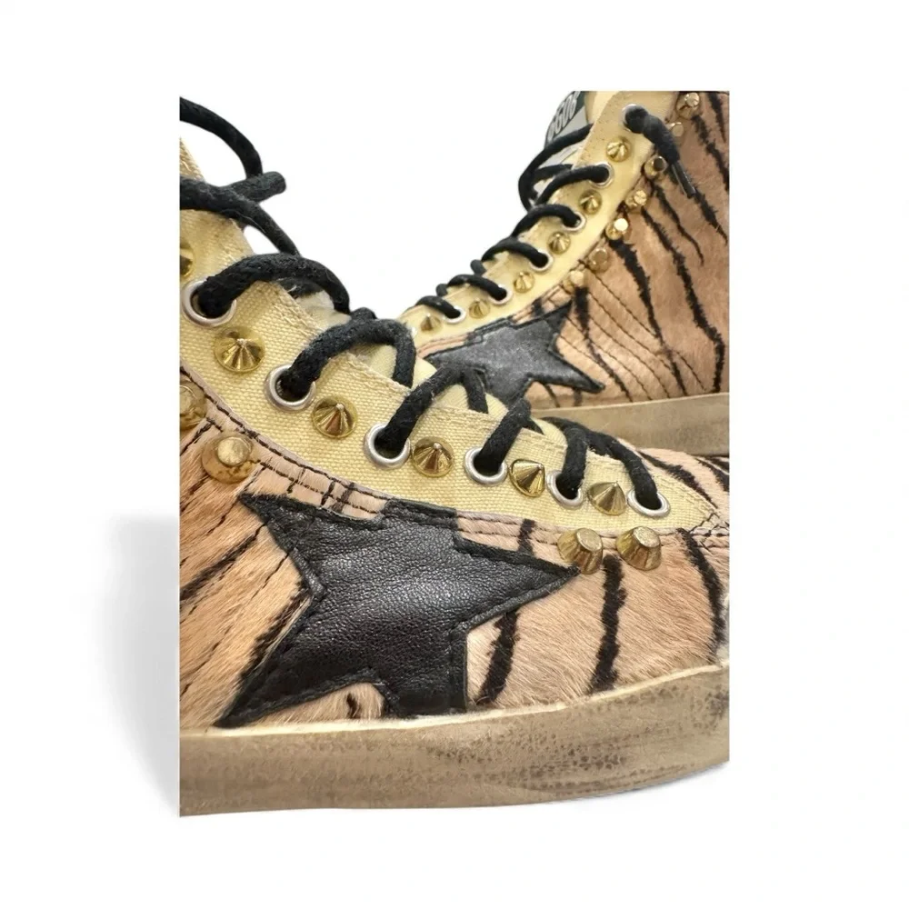 Golden Goose FRANCY Tiger Pony Hair High Tops w/ Gold Studs (Rare Vintage) - Picture 3 of 7